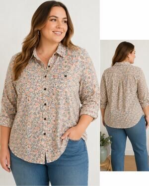 Ruff Hewn Women's 1X Floral Button Front Shirt Long Sleeve Cotton Blouse Plus...